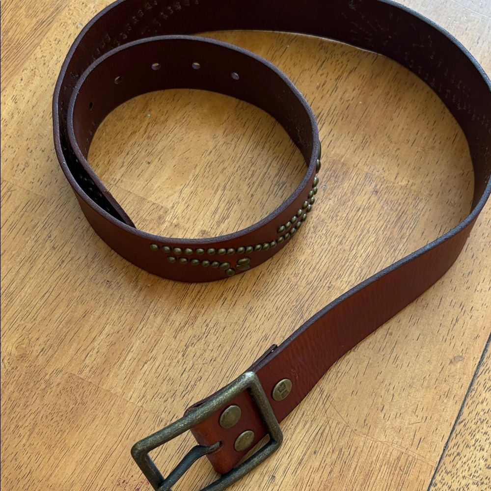BETSTU Brown Leather Belt with Brass Buckle: XL